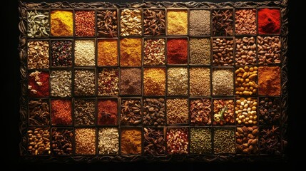 Colorful Display of Spices and Nuts in Various Textures