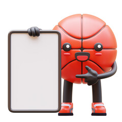 3D Basketball Character Holding Blank Advertisement Board Smiling Suitable For Marketing And Branding Purposes