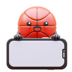 3D Basketball Character Holding Blank Smartphone Screen Smiling Suitable For Social Media Content And Marketing Campaigns