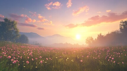 Pink Wildflowers in a Meadow at Sunset with Foggy Mountains and a Sunlit Sky