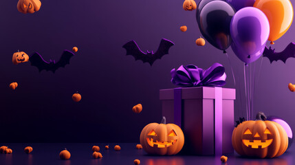 A spooky podium with bat-shaped balloons, a Halloween gift box wrapped in purple ribbon, and glowing pumpkin decorations scattered around.