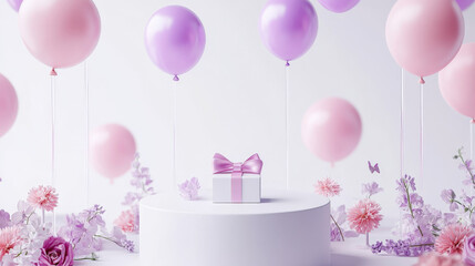A minimalist white podium with floating pink and purple balloons, a small gift box with a ribbon, and a floral display for a heartwarming Mother's Day celebration.