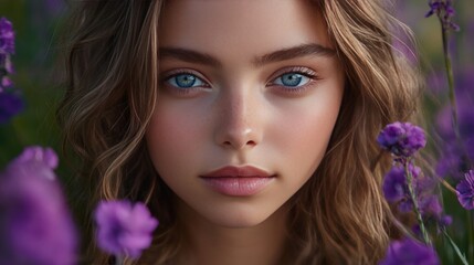 Naklejka premium Beautiful Young Woman With Clean Fresh Skin And Flowers In Spring, Beauty And Skin Care Concept