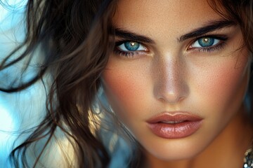 Close-up Portrait of a Woman with Blue Eyes and Long Brown Hair