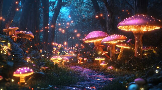 A magical forest path lit by glowing mushrooms and fireflies. - Powered by Adobe