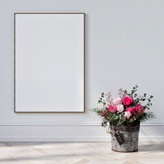 Mock up poste in minimalism interior design with flower pot decoration, 3d  illustration.