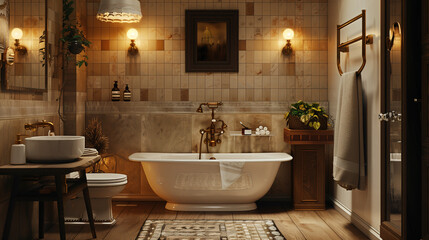 Retro-style bathroom with vintage elements, including brass fixtures, a freestanding bathtub, and...