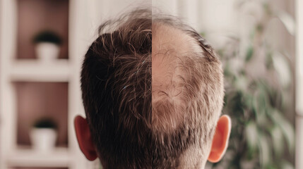 Fototapeta premium Rear view split image of a man's head showing the progression of hair loss, ideal for illustrating hair restoration or treatment results. 