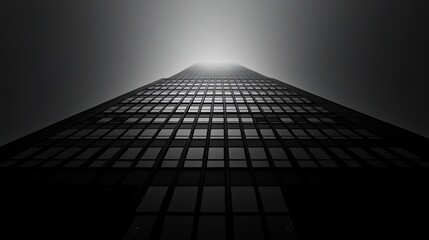 A black and white photo of a tall skyscraper with a bright light at the top.