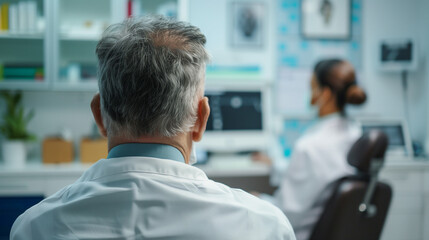 Obraz premium Back view of a man consulting with a trichologist in a clinical setting, focusing on hair loss treatment and diagnosis. Modern medical office interior.