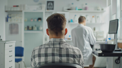 Obraz premium A man waits in a medical office for a consultation with a doctor, emphasizing health and medical check-ups. Professional healthcare setting in a clinical environment.
