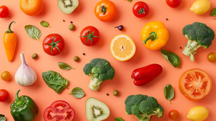 Colorful and healthy vegetables and fruits lay on an orange background. © Elnare