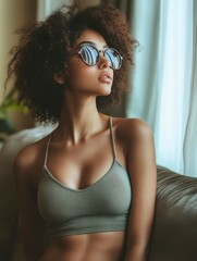 Fototapeta premium Young Woman with Curly Hair Wearing Sunglasses and a Green Top