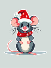 a joyful mouse in a festive New Year's hat and scarf