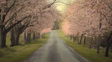 Fototapeta premium A winding road lined with cherry blossom trees in full bloom.