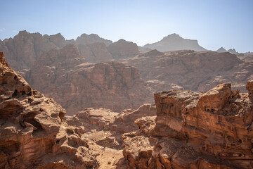 Beautiful Landscape of Rocky Mountains in Petra. Outdoor Scenery in the Middle East. Sandstone Cliffs during Sunny Day in Jordan.