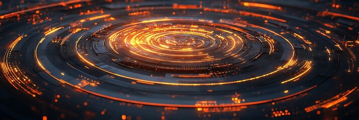 Abstract, futuristic technology with rotating neon glow circles, ideal for innovation backgrounds.