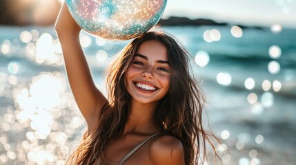 Fototapeta premium Summer Bliss Woman with Beach Ball Smiles on Sunny Ocean Beach with Sparkling Bokeh.