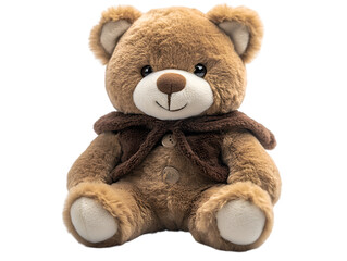 Obraz premium A brown teddy bear wearing a cozy brown scarf, sitting against a soft background, exuding warmth and comfort.