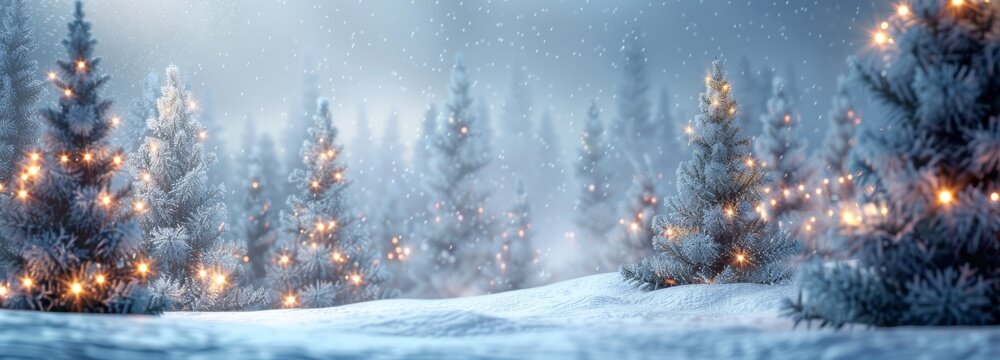 Christmas background. Xmas tree with snow decorated with garland lights, holiday festive background. Widescreen frame backdrop. New year Winter art design, Christmas scene wide screen holiday border 