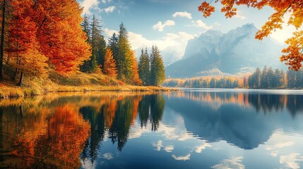 Obraz premium Stunning view of a tranquil mountain lake in autumn, with vibrant fall foliage reflecting in the water.