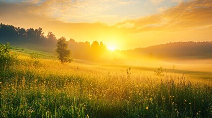 Golden Sunrise Over Foggy Meadow with Silhouetted Trees