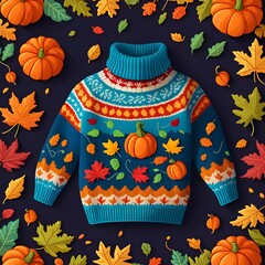 A whimsical ugly sweater with a design of pumpkins and leaves, perfect for adding a playful touch to autumn outfits.