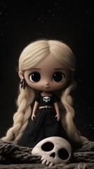 A doll with long blonde hair sitting next to a skull