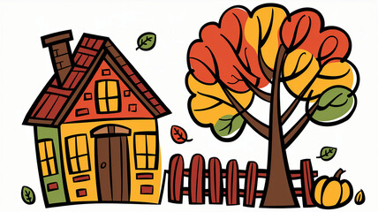 A doodle illustration of an autumn scene with a house, a tree, and a fence.