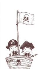 A drawing of two children in a pirate ship