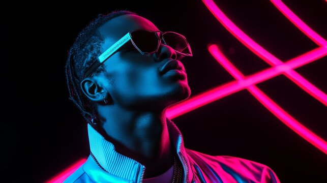 Stylish Man in Sunglasses with Neon Lights Background