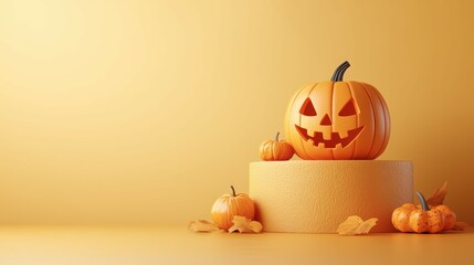 Halloween Podium With Jack-O'-Lantern , Light Yellow Background . Generative ai