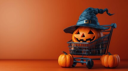 Halloween Checkout Cart With Witch Hat And Pumpkin, Dark Orange Background And Blank Space . Generative ai