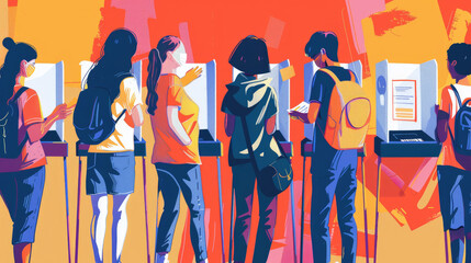 A group of diverse young people participate in voting at polling booths, showcasing civic engagement in a lively environment