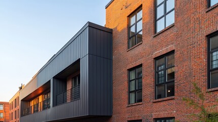 Obraz premium An urban renewal project converting an old factory into loft apartments, with the original brick partially covered by sleek, modern fiber cement siding