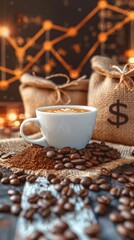 Cappuccino on table with coffee beans and burlap sacks featuring dollar signs, price rise theme