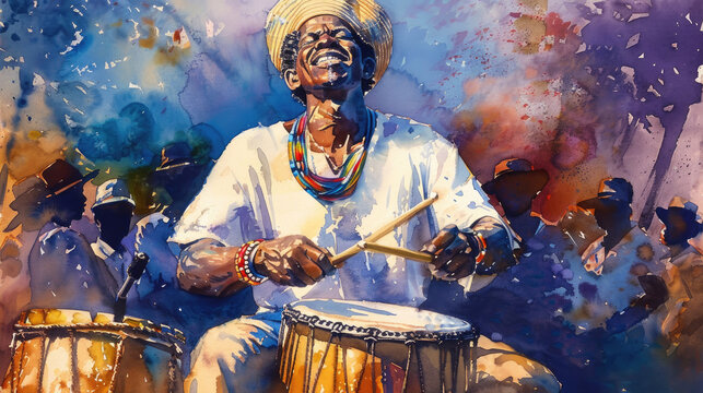 Celebration comes alive as a drummer joyfully plays rhythmic beats, surrounded by a colorful crowd amidst a festival atmosphere
