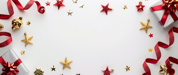 Christmas and New Year holiday background. Xmas greeting card. Christmas gifts on white background top view. Noel. Flat lay