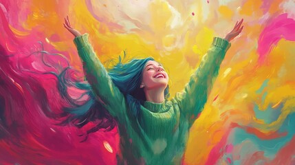 Obraz premium Joyful Girl Embracing Colorful Energy in Abstract Artwork