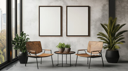Poster Frame: Position a large, minimalist poster frame in the center, leaning against or hanging on the wall. The frame should have clean lines, in natural wood or matte black, complementing