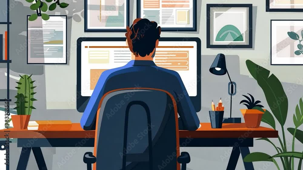 Poster a person is focused on a computer screen while seated at a wooden desk. the office is filled with gr