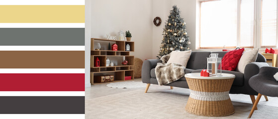 Interior of living room with Christmas tree, presents and sofa