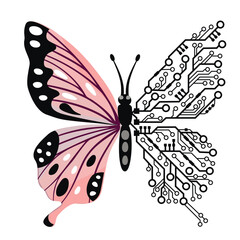 Electronic circuit butterfly icon isolated on white.Half insect is natural and half is in the form of a printed circuit board.Symbol of the unity of nature and artificial intelligence.Vector design.