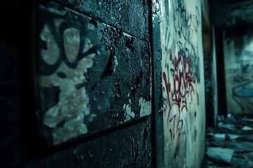 Dark and Abandoned Concrete Corridor with Graffiti, Urban Exploration