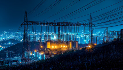 
An electrical substation illuminated by bright lights. Power lines and transformers create a complex system of cables, and sparks run along the wires
