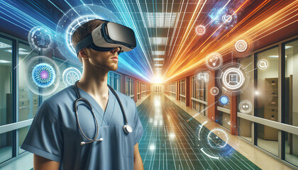 Um profissional de sa&uacute;de usando &oacute;culos de realidade virtual em um ambiente hospitalar. Linhas de luz e &iacute;cones digitais flutuam ao redor, simbolizando tecnologia avan&ccedil;ada e inova&ccedil;&atilde;o m&eacute;dica.