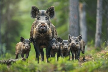 Wild Boar Family Portrait Protective Mother and Playful Piglets in a Lush, Vibrant Forest Setting