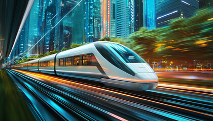 Fototapeta premium Ultra-modern high-speed train rushing along high-speed rails against the background of a futuristic metropolis. Sleek, streamlined forms of the train