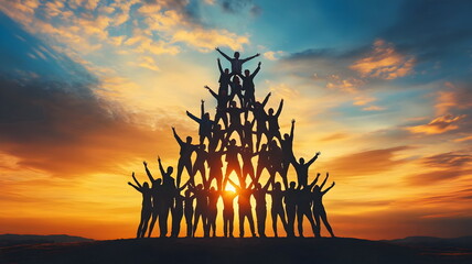 Silhouette People Teamwork Pyramid Celebration Unity Sunset Sky