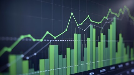 A green investment banking chart with bar graphs. The bar graphs have a green color and represent the positive performance of eco-investing stocks in the stock market.